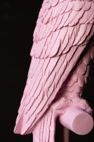 Detail shot of the feathers of the parrot on the Pretty Pink Parrot Floor Lamp with Shade.