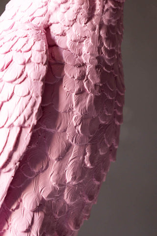 Close-up of the parrot's feathers on the Pretty Pink Parrot Floor Lamp with Shade.