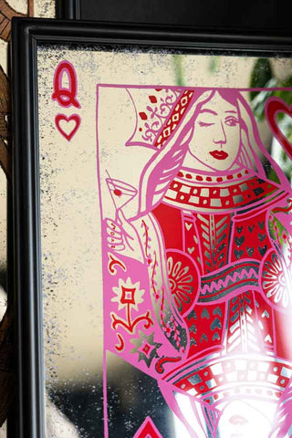 Close-up of the design on the Queen Of Hearts Decorative Playing Card Mirror.