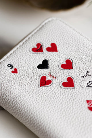 Detail shot of the design on the Queen of Hearts Playing Card Purse.