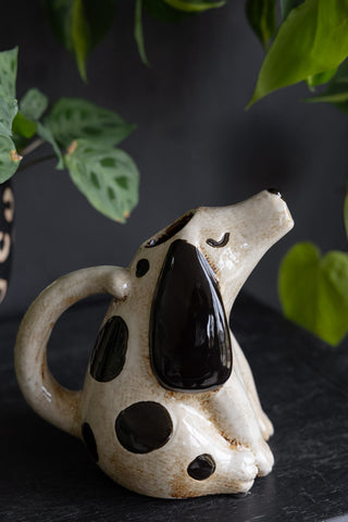 The Quirky Spotted Dog Pitcher Jug seen from the side, styled on a black surface with plants in the background.