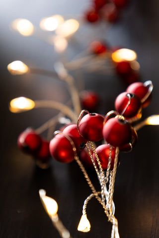 Close up of the red berry decorations on the light chain.