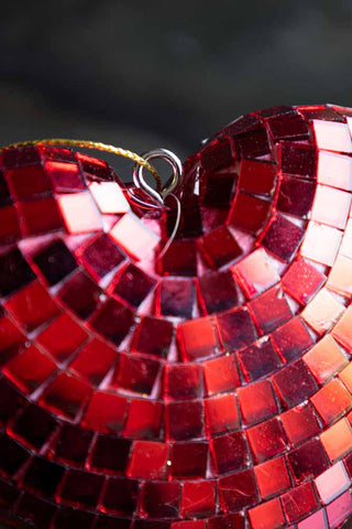 Close-up of the top of the Red Disco Heart Christmas Tree Decoration.