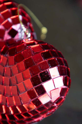 Close-up of the Red Disco Heart Christmas Tree Decoration.