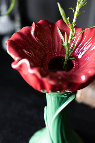 Close-up of the top of the Red Flower Earthenware Single Stem Vase.