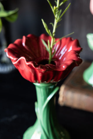 Detail shot of the top of the Red Flower Earthenware Single Stem Vase.