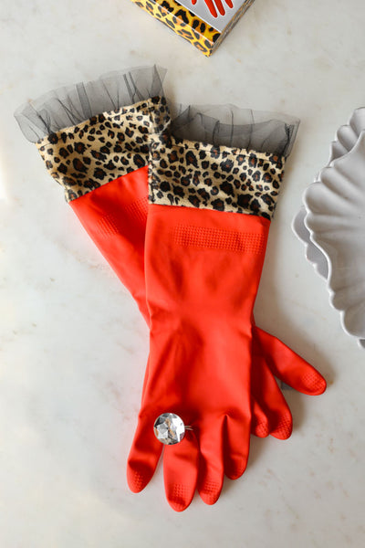 Red Leopard Print Washing up Gloves Rockett St George