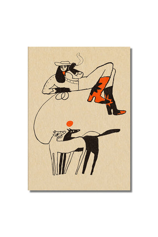 A quirky and artistic print showcasing a woman in bold red-starred boots, seated on an abstract shape with two stylized animals beneath, unframed and on a white background.