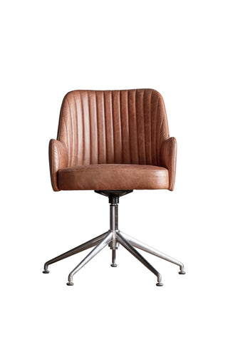 Cutout of the Ribbed Antique-Style Brown Leather Swivel Chair on a white background.