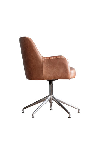 Cutout of the Ribbed Antique-Style Brown Leather Swivel Chair seen from the side, on a white background.