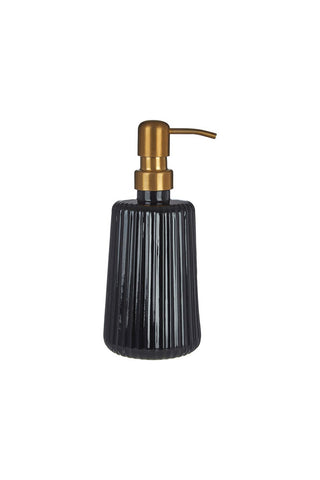 Cutout of the Ribbed Black Glass & Gold Effect Soap Dispenser on a white background.