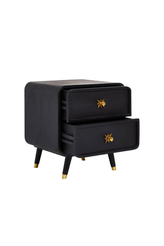 Cutout of the Ringo Bedside Table  with both drawers open, seen from an angle on a white background.