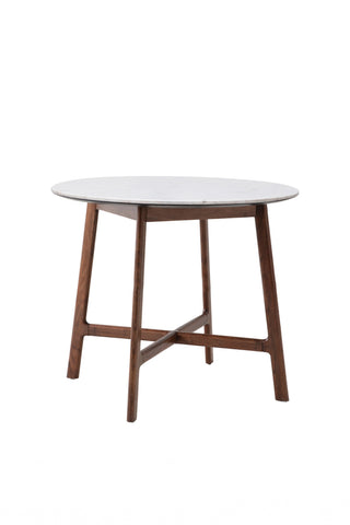 Cutout of the Round Acacia & Marble Dining Table on a white background.