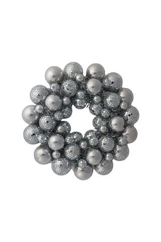 Cutout of the Silver Disco Ball Wreath on a white background.