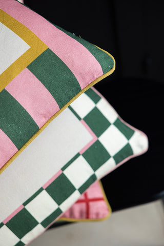 Close-up of the corners of the Salauti, Merci and Ciao Bella cushions.