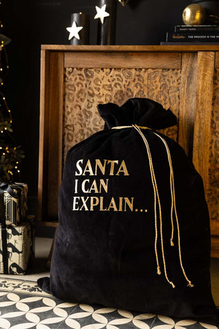 The Santa I Can Explain Velvet Christmas Sack styled with some presents in front of a wooden leopard print unit and Christmas tree, styled with various decorative accessories.