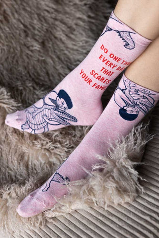 The Scares Your Family Crew Socks being worn by a model.