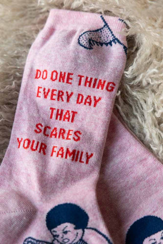 Detail shot of the Scares Your Family Crew Socks.