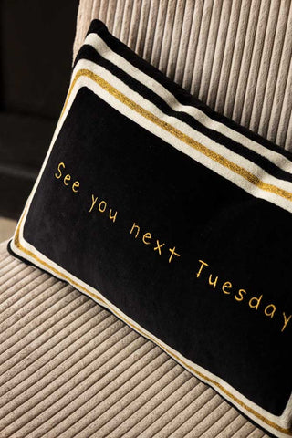 Close-up of the See You Next Tuesday Cushion displayed on a chair.