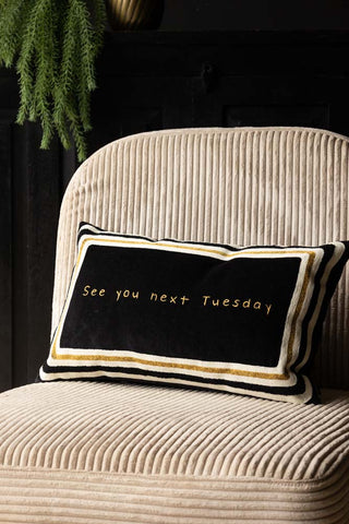 The See You Next Tuesday Cushion displayed on a chair with some greenery in the background.