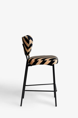 One of the Set Of 2 Bar Stools in Stripe Velvet, seen from a side angle on a white background.