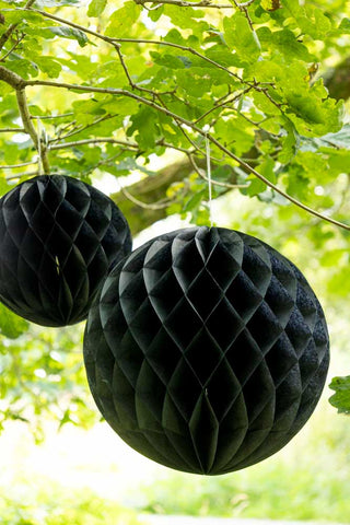 Set Of 2 Black Honeycomb Ball Decorations hanging from a tree