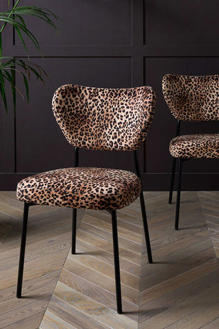 The Set Of 2 Dining Chairs In Leopard Print Velvet displayed in front of a black panelled wall with a plant.