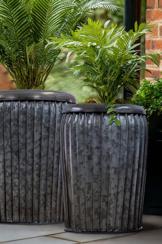 Close-up of the Set Of 2 Galvanised Iron Ribbed Planters displayed on an outdoor patio with plants inside.