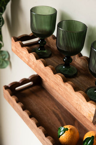 A detail view of the Set Of 2 Natural Wooden Scalloped Wall Shelves showing the scalloped edge