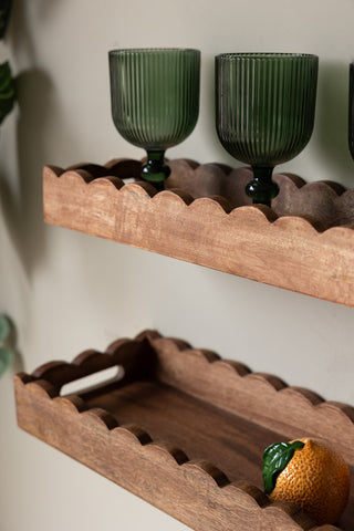 A detail shot of the Set Of 2 Natural Wooden Scalloped Wall Shelves showing the front edge shape