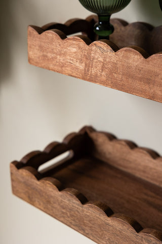 A close up shot of the Set Of 2 Natural Wooden Scalloped shelves