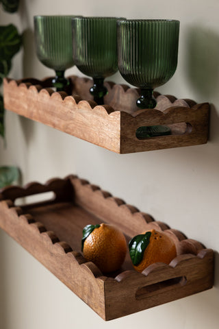 A detail shot of the Set Of 2 Natural Wooden Scalloped Wall Shelves showing the handle at the ends