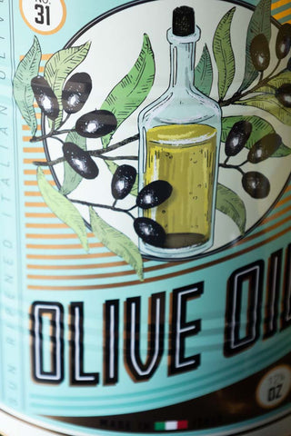 Close-up shot of the design of one of the Set Of 2 Olive Oil Storage Tins - Large.