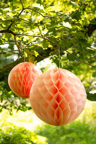 Set Of 2 Peach Honeycomb Ball Decorations hanging in tree