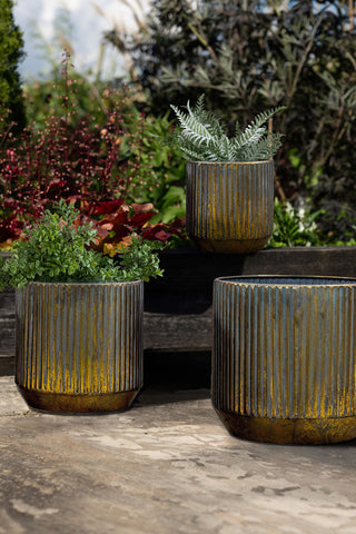 The Set Of 3 Bronze Effect Planters styled with various plants inside, styled on an outdoor patio.