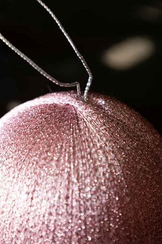 Close-up of the top of the Pink Metallic Spun Thread Christmas Bauble Decoration.