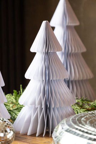 Set Of 3 White Honeycomb Christmas Trees with greenery and silver disco balls