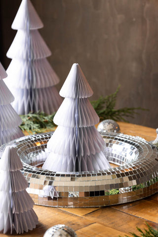 Set Of 3 White Honeycomb Christmas Trees in disco wreath