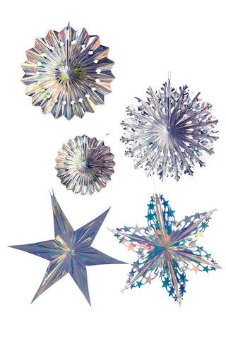 Cutout of the Set Of 5 Iridescent Star Decorations on a white background.