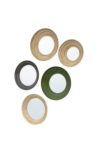 Cutout of the Set Of 5 Metal Frame Mirrors in Green & Natural seen from an angle, on a white background.