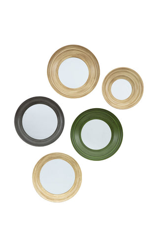 Cutout of the Set Of 5 Metal Frame Mirrors in Green & Natural on a white background.