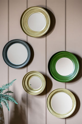 The Set Of 5 Metal Frame Mirrors in Green & Natural displayed on a neutral wall above a potted plant.