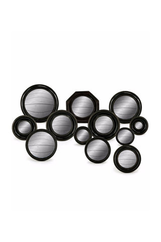 Cutout of the Set of 12 Black Convex Framed Mirrors on a white background.