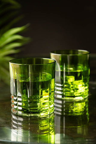 The Set of 2 Green Whiskey Embossed Glasses styled on a dark surface with a plant in the background.