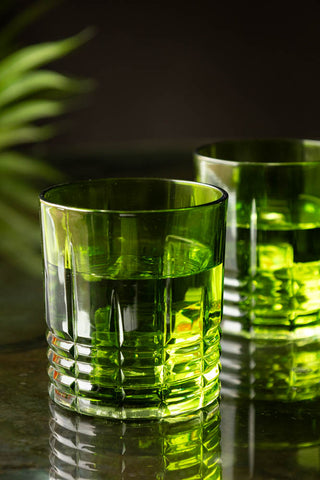 Close-up of one of the Set of 2 Green Whiskey Embossed Glasses, with the other glass and a plant in the background.