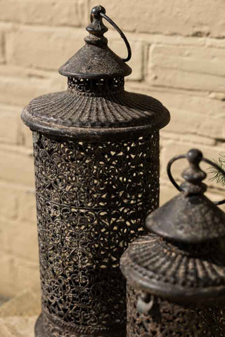 Detail shot of the larger of the Set of 2 Rustic Lanterns, with the smaller lantern also to the side of the image.