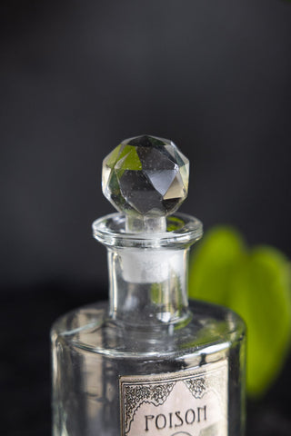 Close-up of the stopper on one of the Set of 3 Apothecary-Style Poison Decanter Bottles.