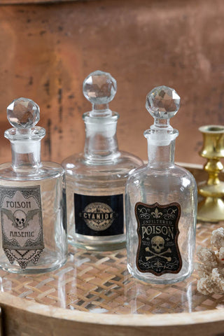 The Set of 3 Apothecary-Style Poison Decanter Bottles styled together on a glass surface with some other accessories.