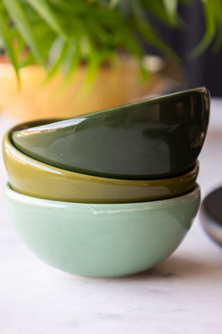 The Set of 3 Green Ceramic Dipping Bowls displayed stacked together.