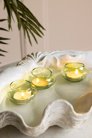 The Set Of 3 Pale Green Glass Tea Light Holders with lit tealight candles inside, floating in water inside a clam shell dish with a plant in the background.